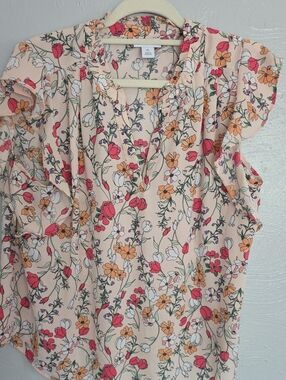 Liz Claiborne Peach Floral Ruffle-Sleeve Blouse